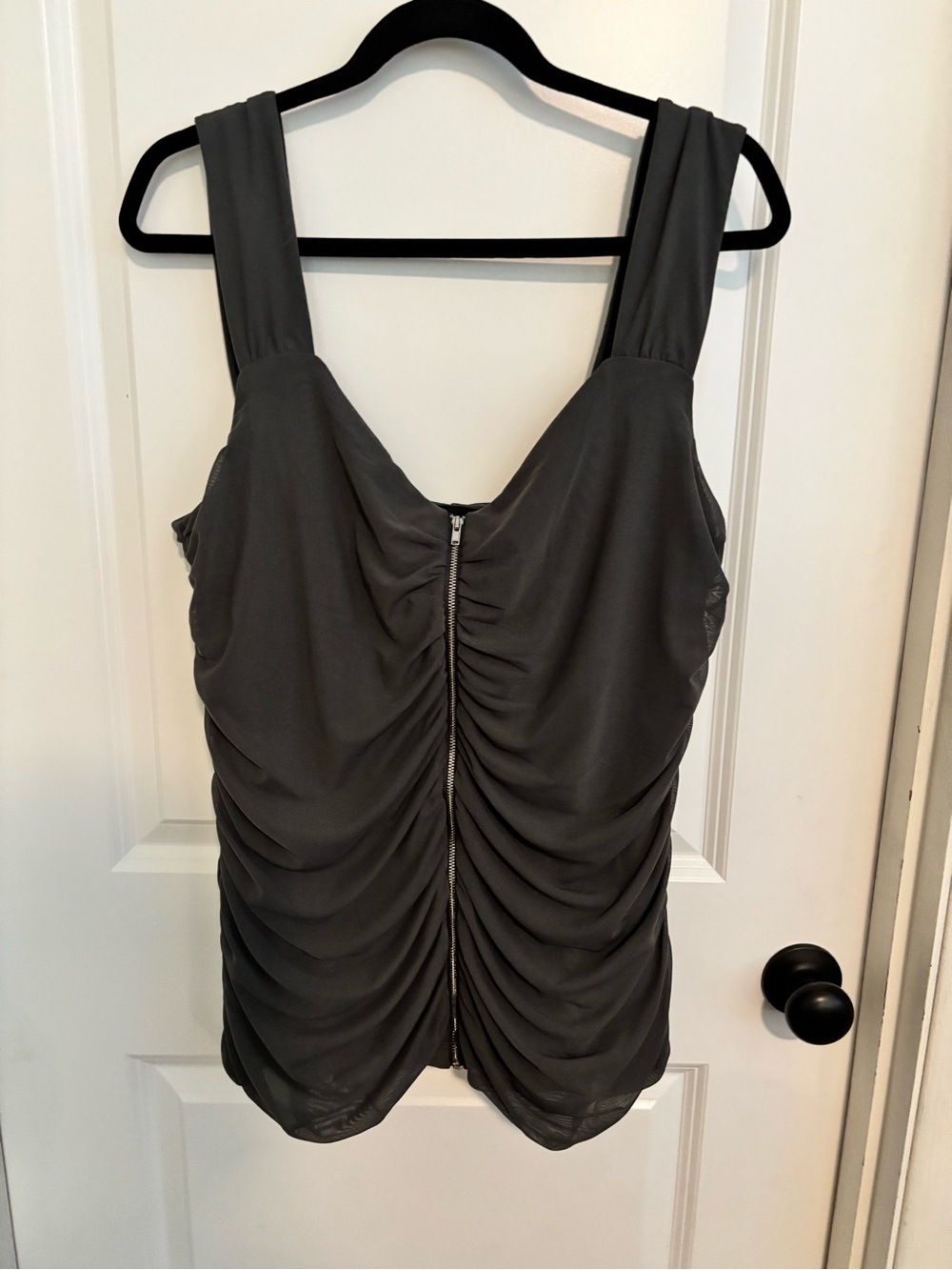 Ruched Front Zip Tank Top - Charcoal Gray